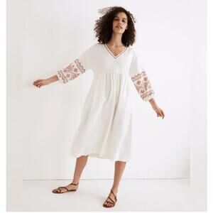 NEW! Madewell Embroidered-Sleeve Popover Midi Dress in LIGHTHOUSE (L)